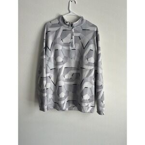 Men Top Gray White Geometric Print Mock Neck Quarter Zip Performance Golf Tennis